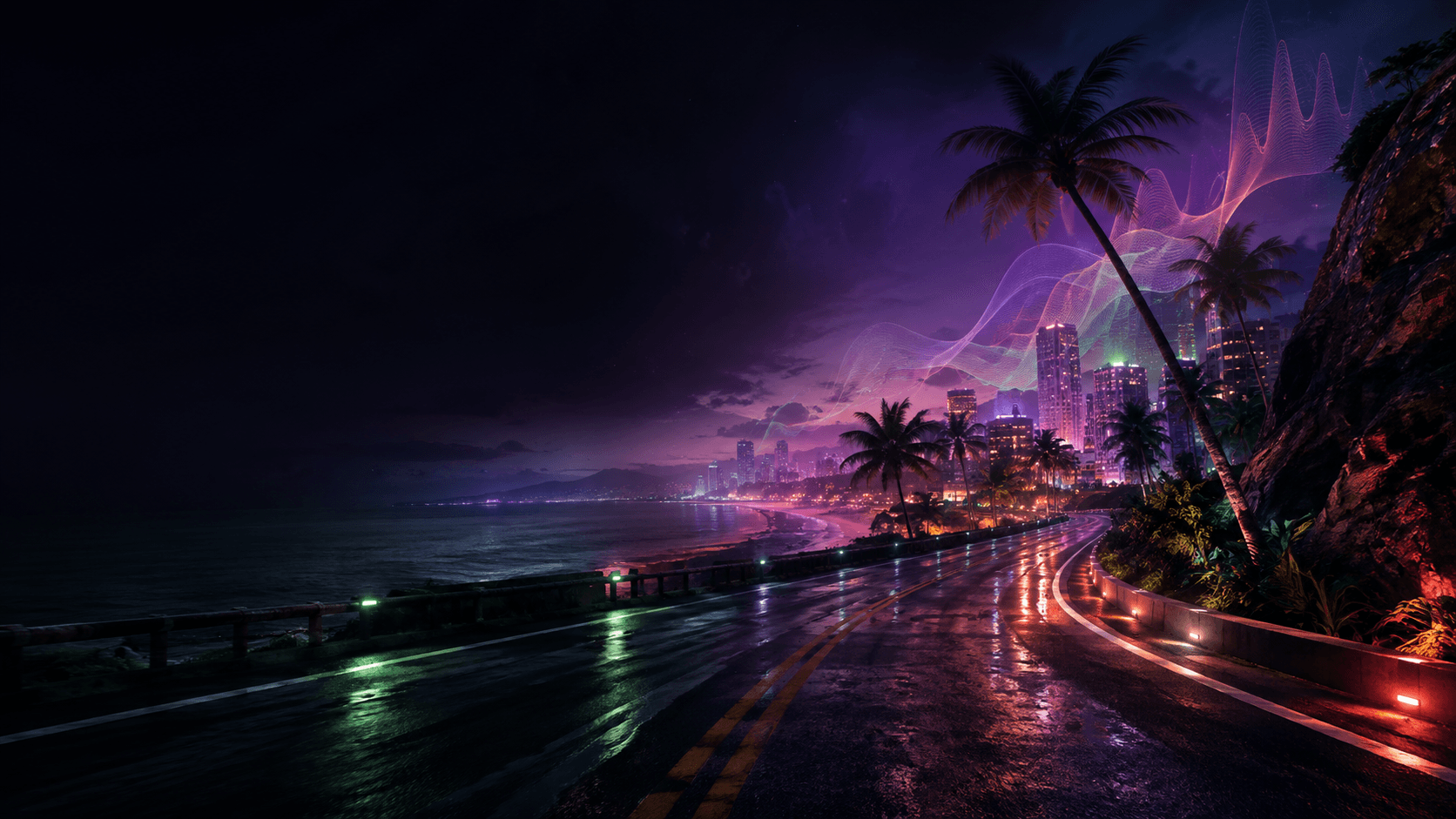 Original neon coastal highway artwork created for Cutscene FM